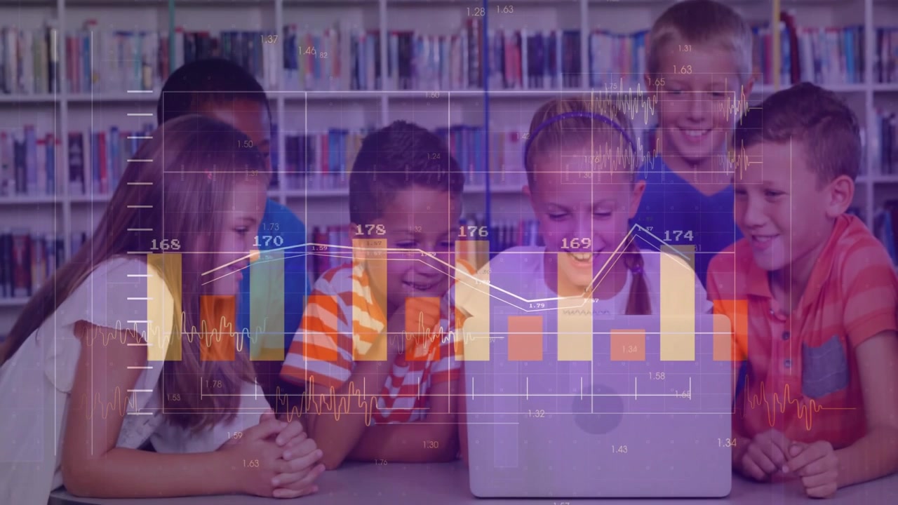 Six students watching laptop in library as animated bar and line charts appearing for education