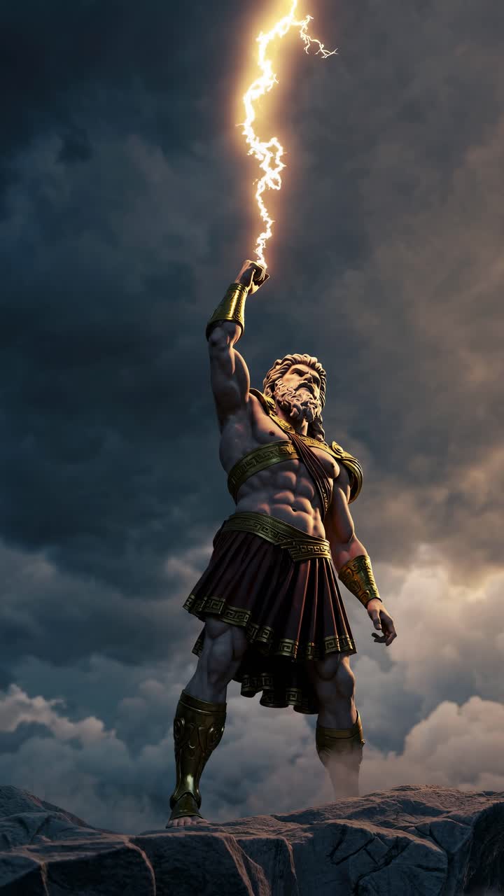 Personaje épico de videojuego con armadura antigua, capturado en contrapicado contra nubes dramáticas.