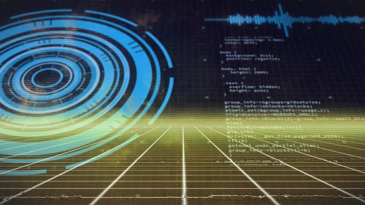 animación de círculos giratorios y datos diversos en espacio negro y amarillo