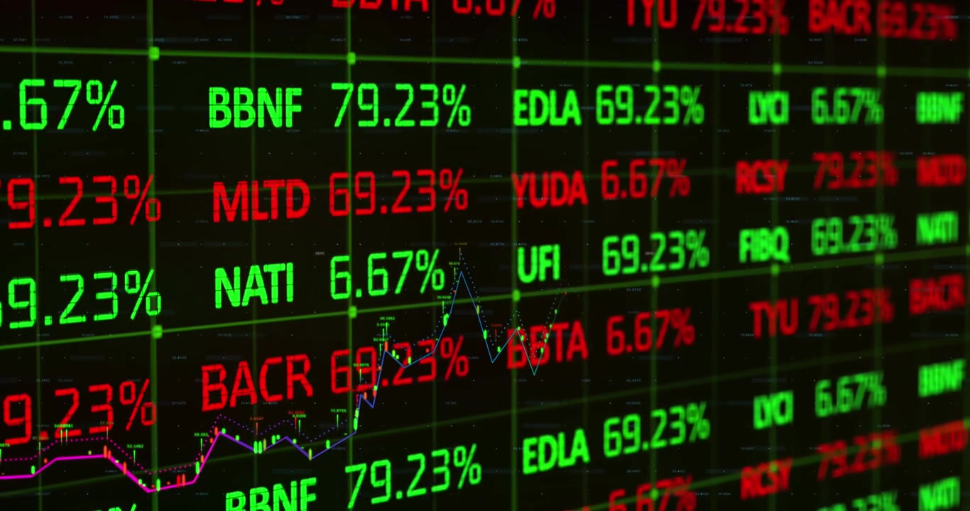 Tabellone digitale della borsa con dati finanziari fluttuanti