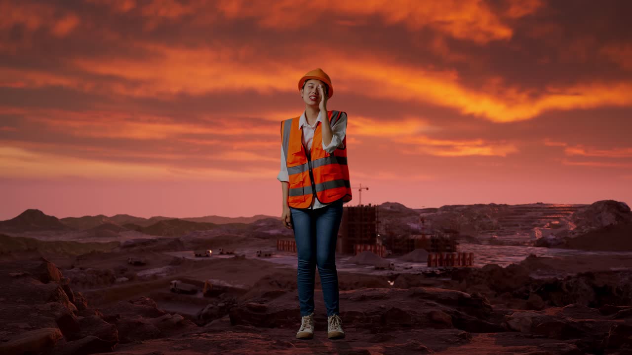 trabajador de la construcción expresando sorpresa al atardecer sobre un sitio de construcción