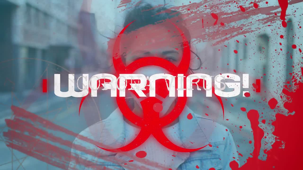 animación del procesamiento de datos de covid-19 sobre el símbolo de riesgo biológico y una mujer con máscara facial