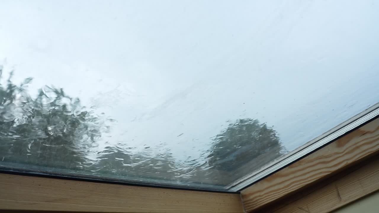 Rain falling on a skylight window creates a soothing ambiance