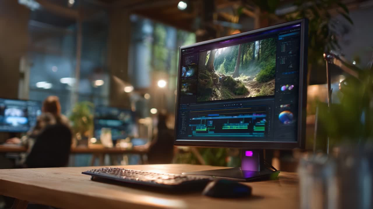 A modern workspace with a computer displaying an editing software showcasing a vibrant forest scene, emphasizing the creative process of digital storytelling