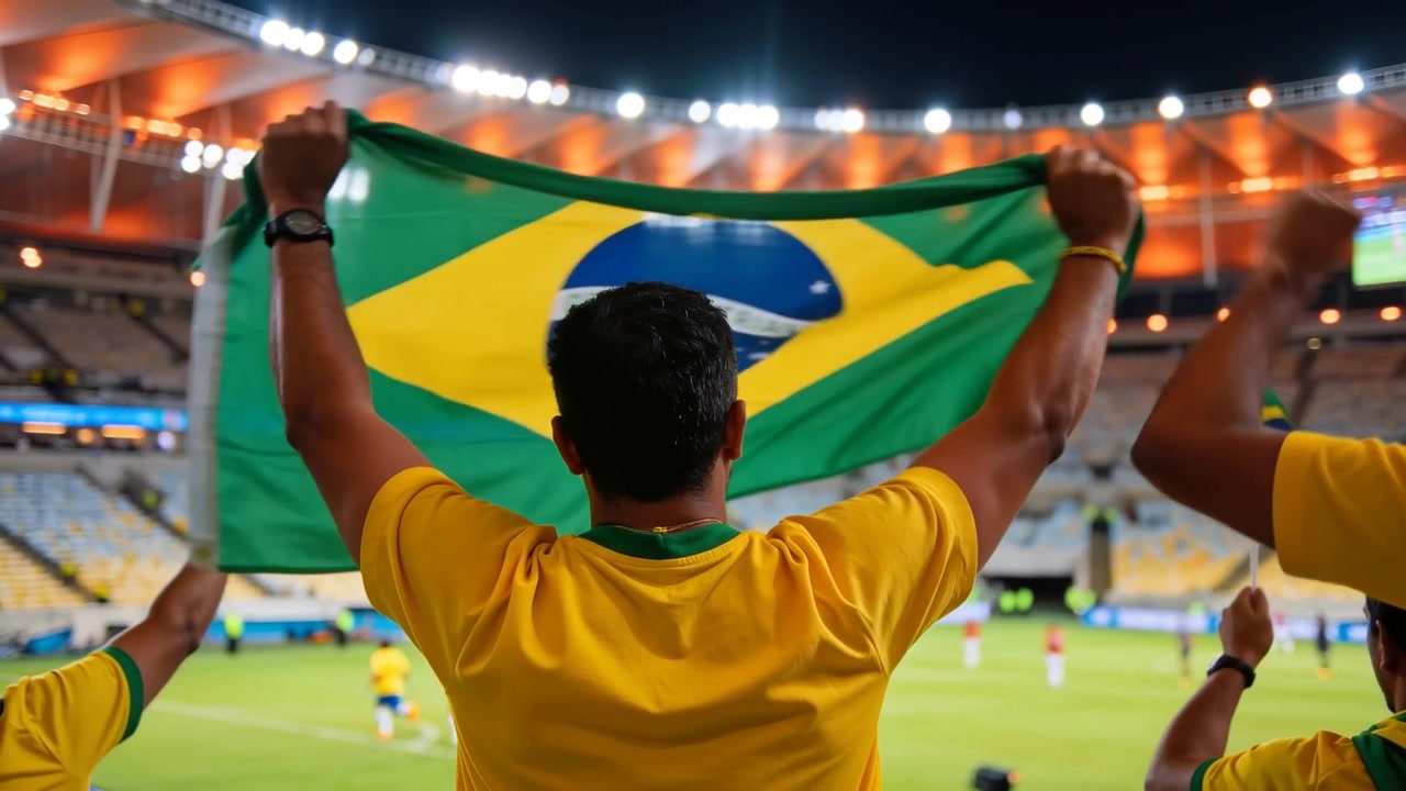 Homem com camisa amarela erguendo uma grande bandeira do Brasil acima da cabeça em estádio à noite enquanto jogadores correm.