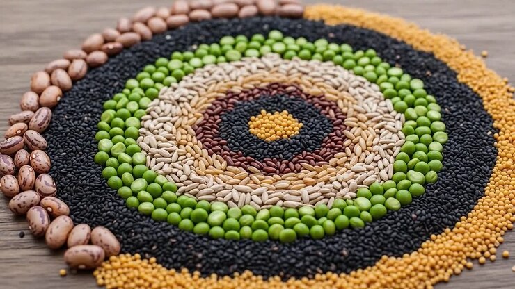 Una vivace disposizione circolare di semi e cereali diversi che crea uno splendido mosaico naturale su una superficie di legno, mettendo in mostra i colori e le texture della natura.