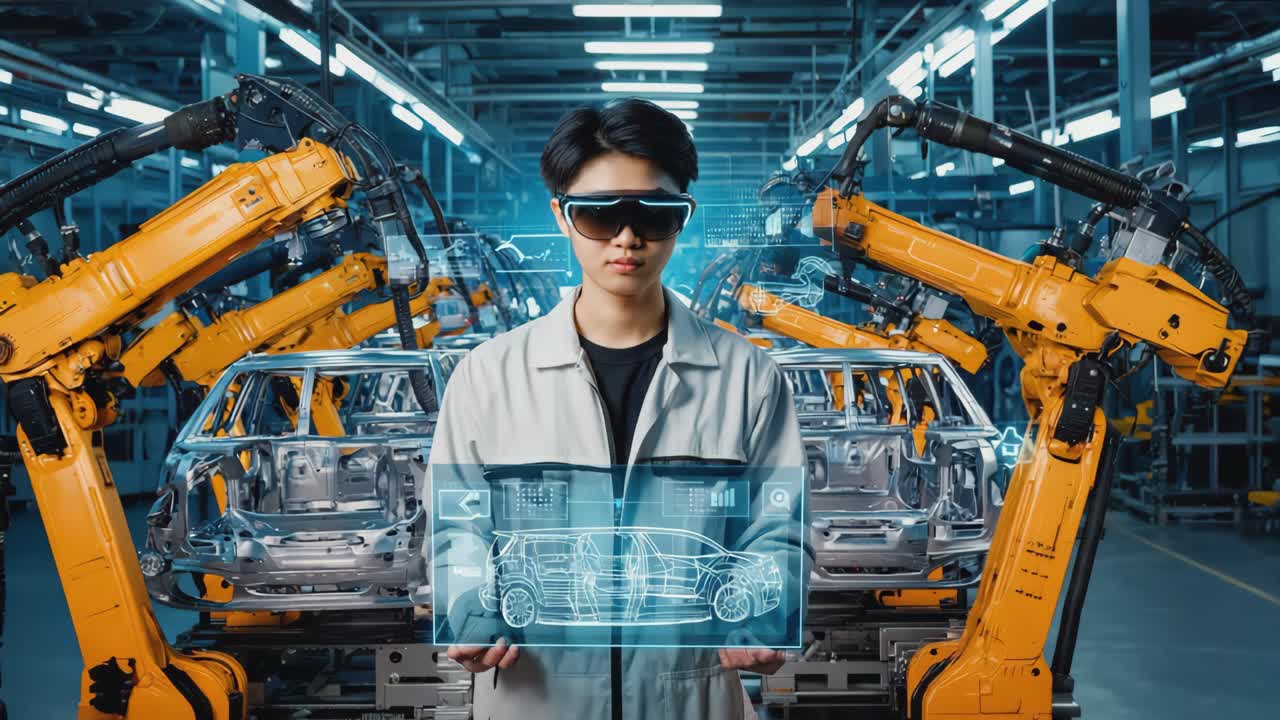 Engineer using augmented reality to oversee car manufacturing