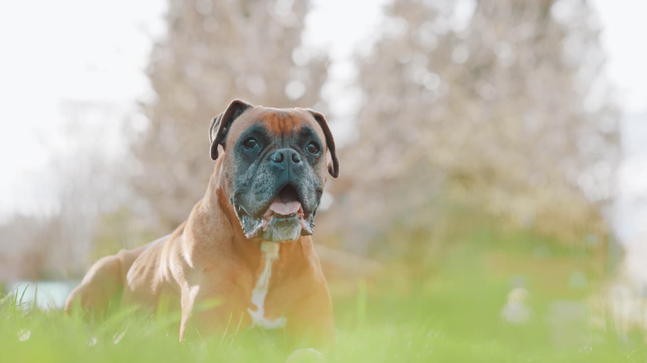 Boxer dog lying in grass and looking around