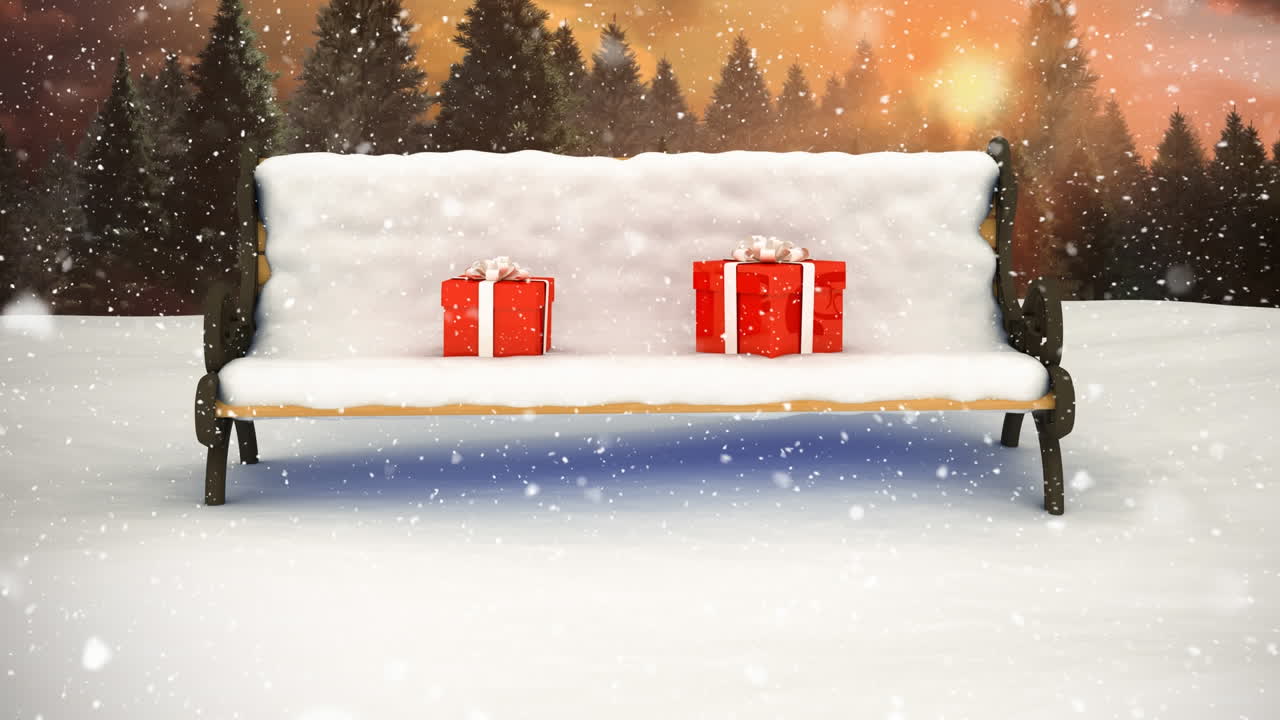 겨울 풍경과 내리는 눈의 벤치