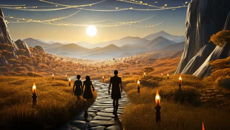 couple walking hand in hand along a candlelit path at sunset in mountains