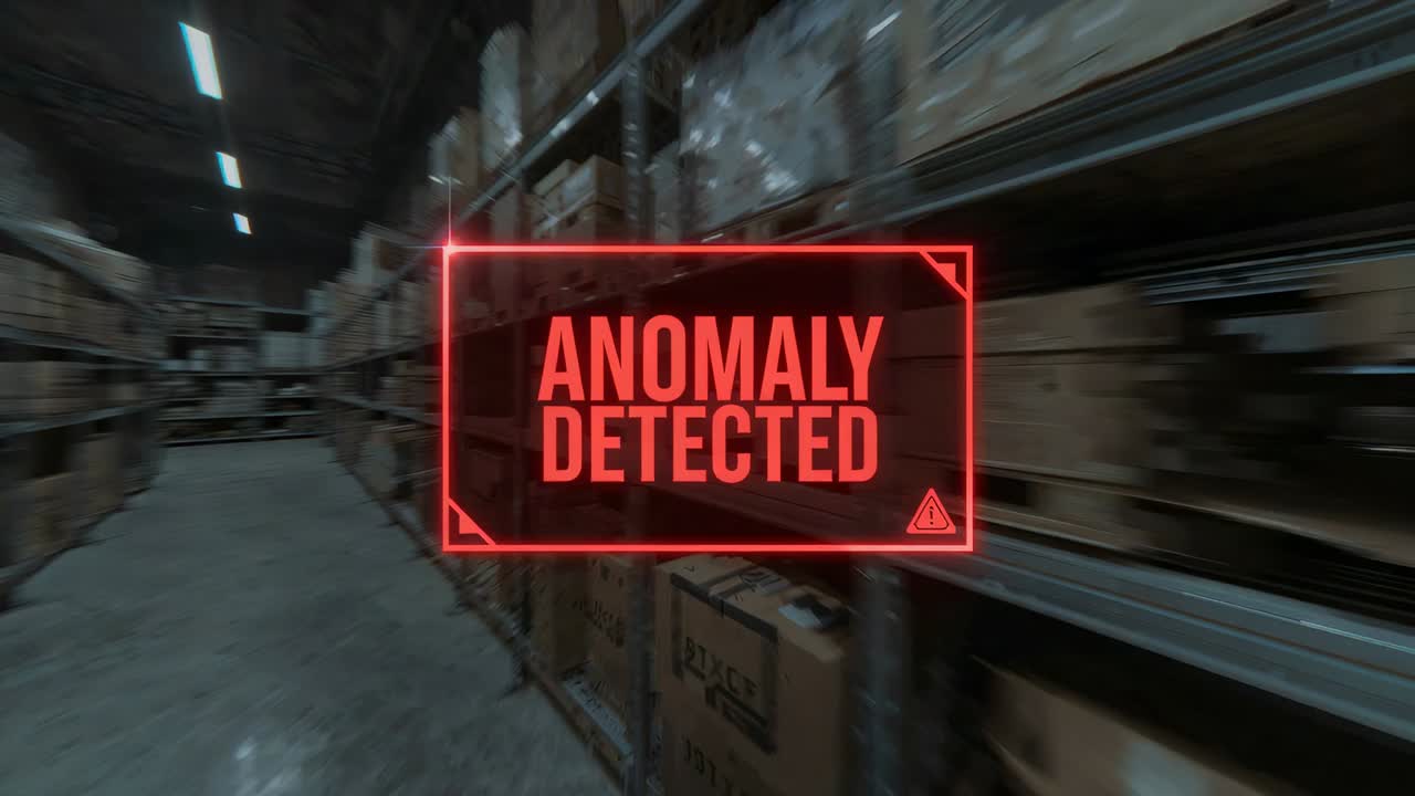 Appearing red ANOMALY DETECTED alert staying central as rig moving down storage aisle, noting fault