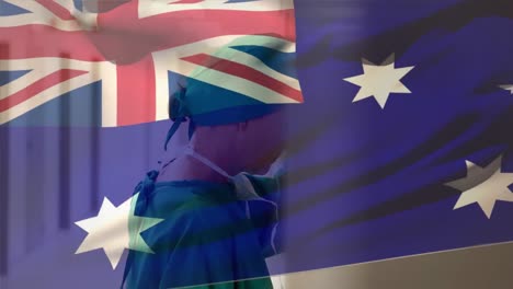 Digital-composition-of-australia-flag-waving-against-stressed-caucasian-female-surgeon-at-hospital