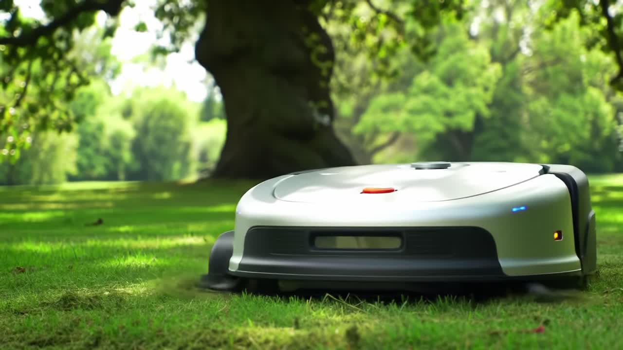 Automated Lawn Care: A Robotic Mower Navigating Through a Vibrant Green Landscape to Maintain a Perfectly Trimmed Lawn Without Human Effort