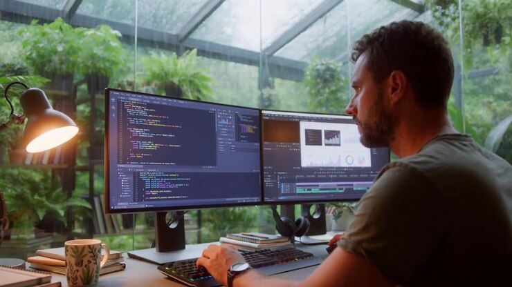 Freelancer Working Across Dual Monitors In A Lush Glass Garden Office During Rain