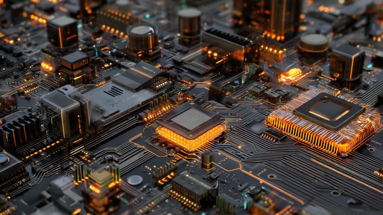 An Intricate Close-Up View of a High-Tech Circuit Board Showcasing Advanced Electronics and Striking Orange LED Highlights in a Modern Digital Environment