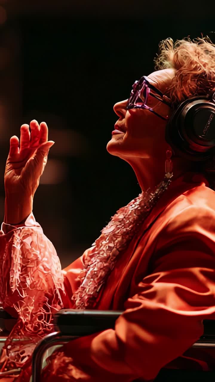 An Elegant Woman in a Stylish Outfit Enjoys Music, Seated Comfortably in a Wheelchair, Conveying Emotion Through Her Expression and Gestures