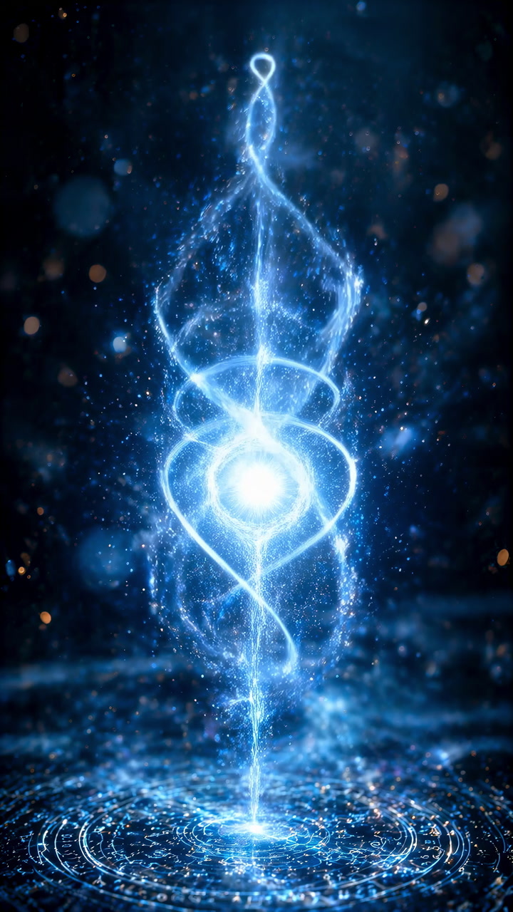 Blue Energy Spiral Above Digital Glyph, Glowing Orb Ascends From Circular Holographic Grid, Particle Trails
