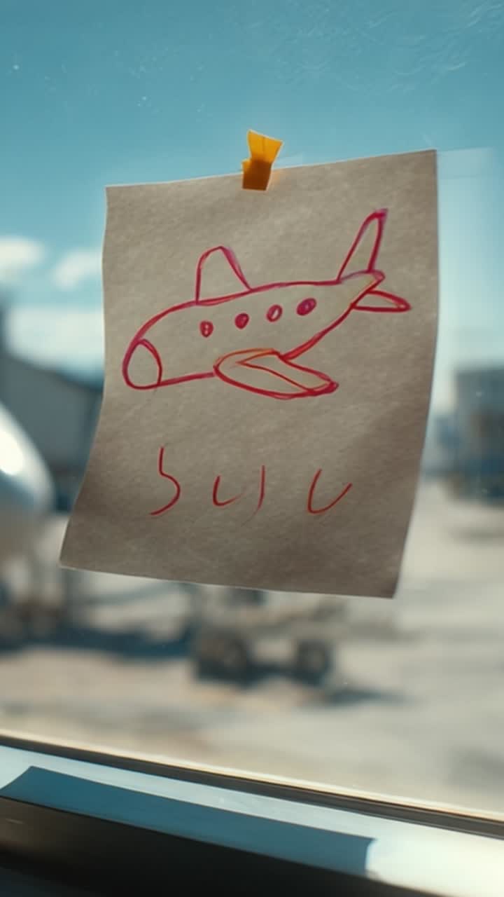 Un dibujo simple pero creativo de un avión en papel, exhibido en un entorno luminoso con un atisbo de actividad aeronáutica de fondo