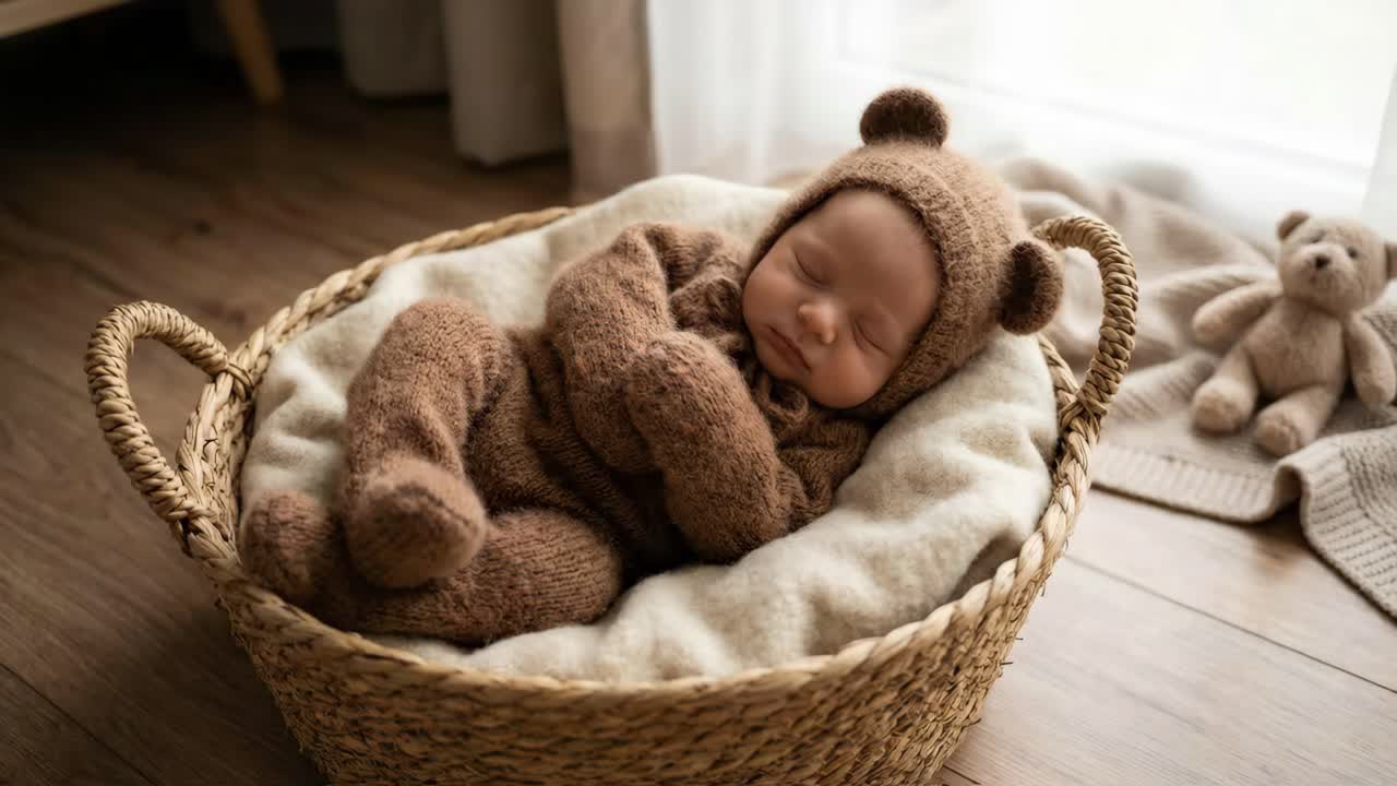 Neonato che dorme serenamente in un cesto vestito da orsetto