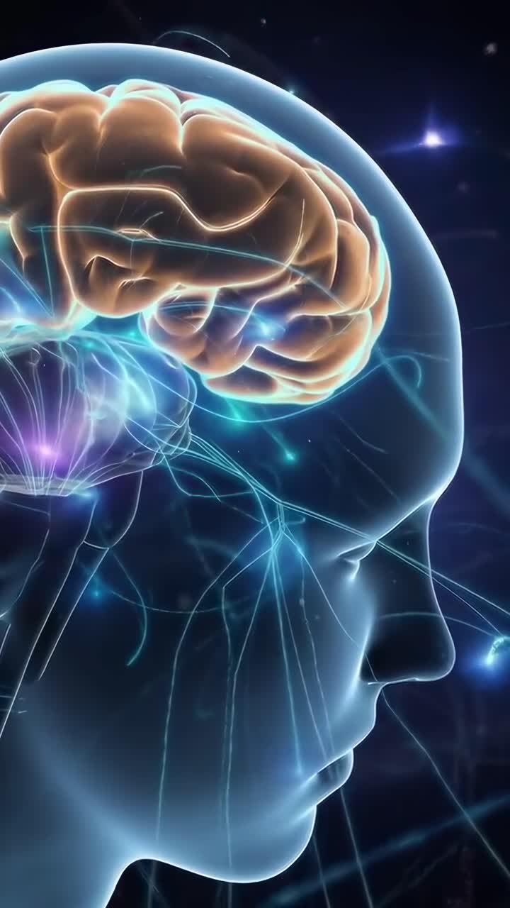 Vista laterale di un cervello luminoso in un video futuristico, che mostra connessioni neurali in 3D.
