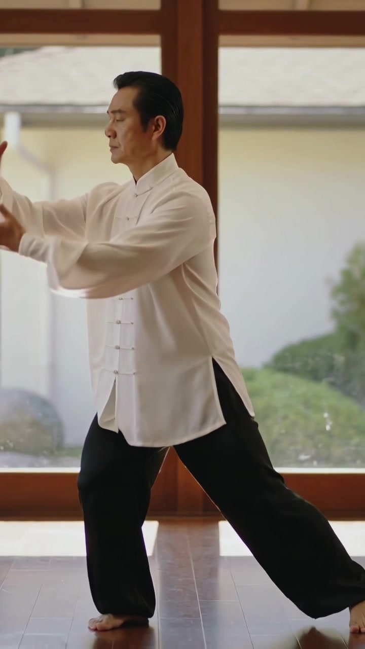 Video vertical: Hombre comenzando a practicar tai chi fluido en una habitación para concentrarse, con chaqueta blanca y descalzo.