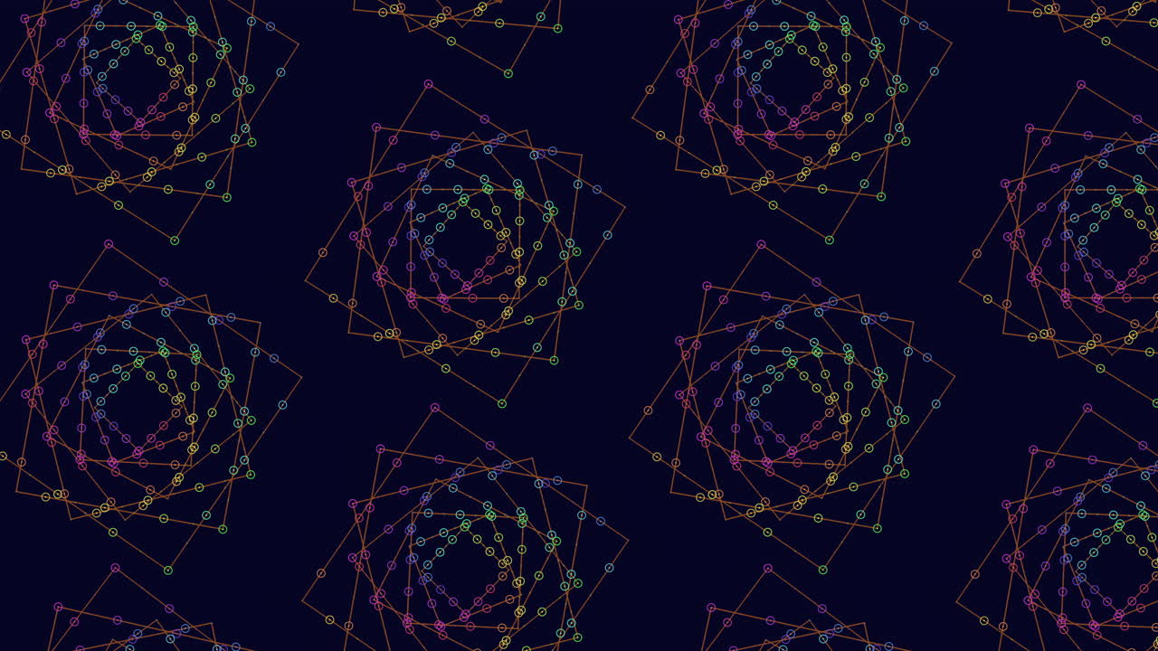 ネオンの点と線を持つ虹の未来的な正方形のパターン
