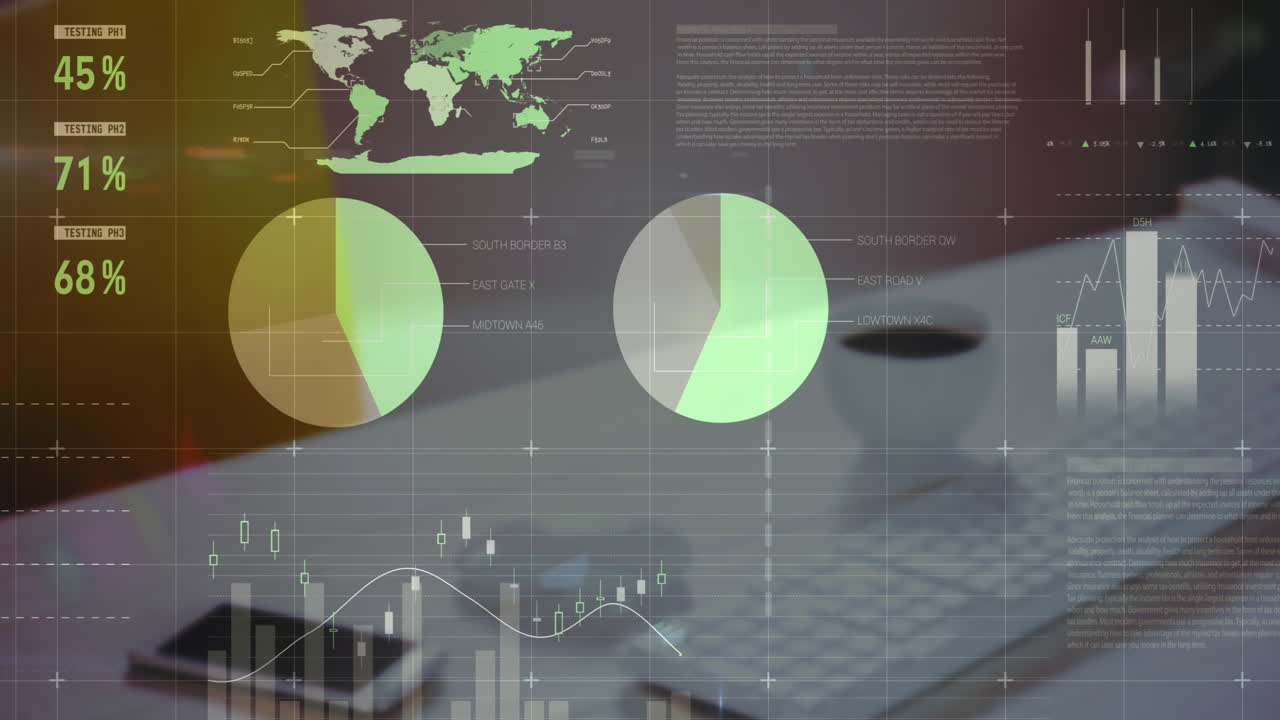Animation of infographic interface over cellphone, coffee cup, mouse and keyboard on desk