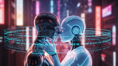 a captivating encounter between two robots in a futuristic city, illuminated by neon lights and overlaid with data patterns, exploring connection and technology