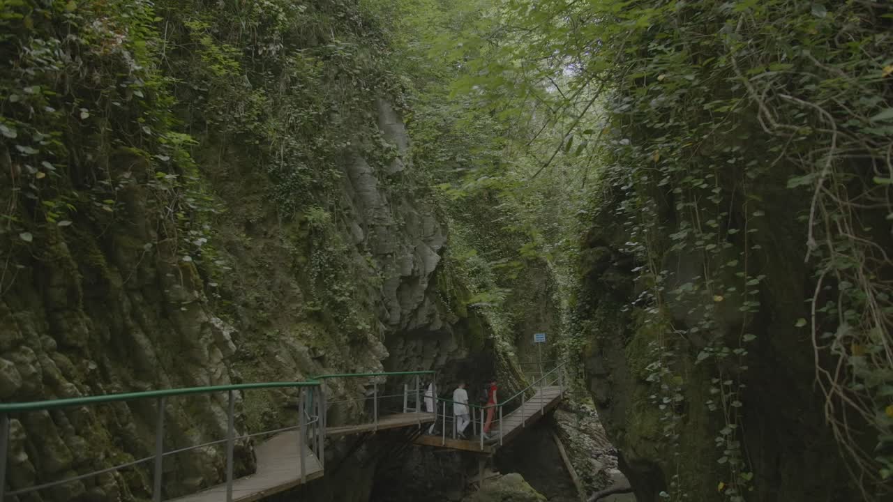 sendero de senderismo de puente de madera en un cañón