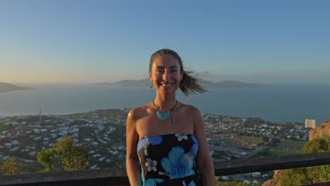 Girl-Wearing-Summer-Dress-On-Castle-Hill-Lookout-Over-Townsville,-Queensland,-Australia