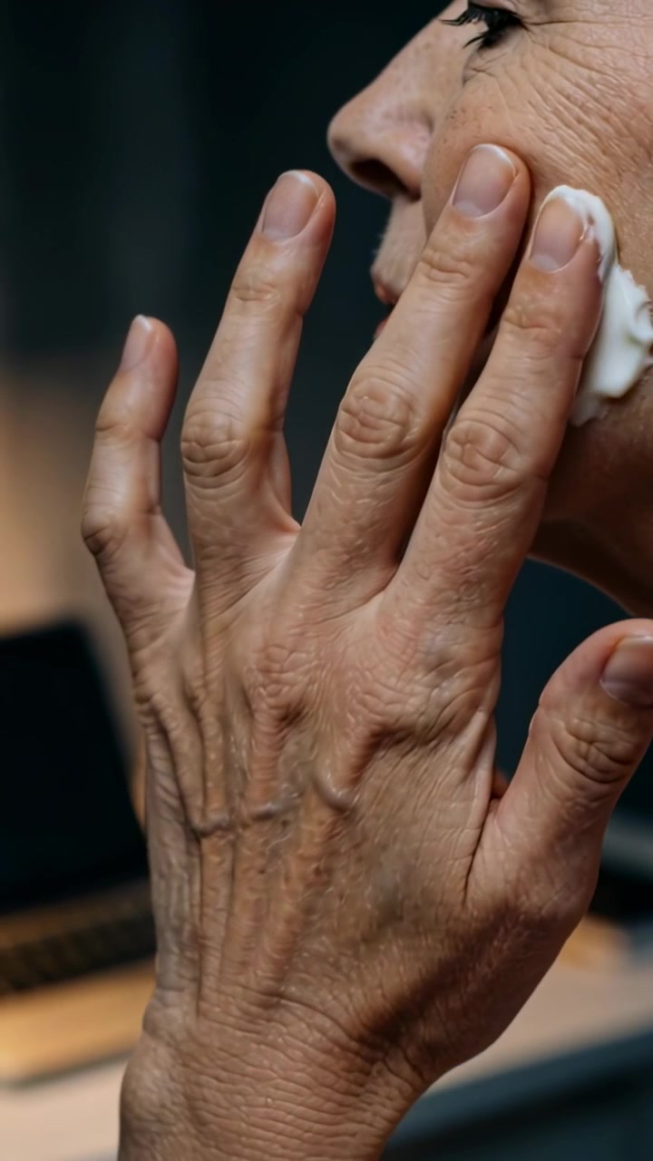 Video verticale: Applicando la crema con la mano, una donna anziana la stende lungo la mascella al lavandino per idratare.