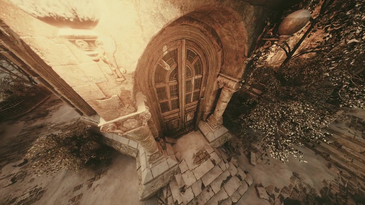 Porta de madeira antiga emoldurada por pedra e vegetação exuberante em um cenário místico