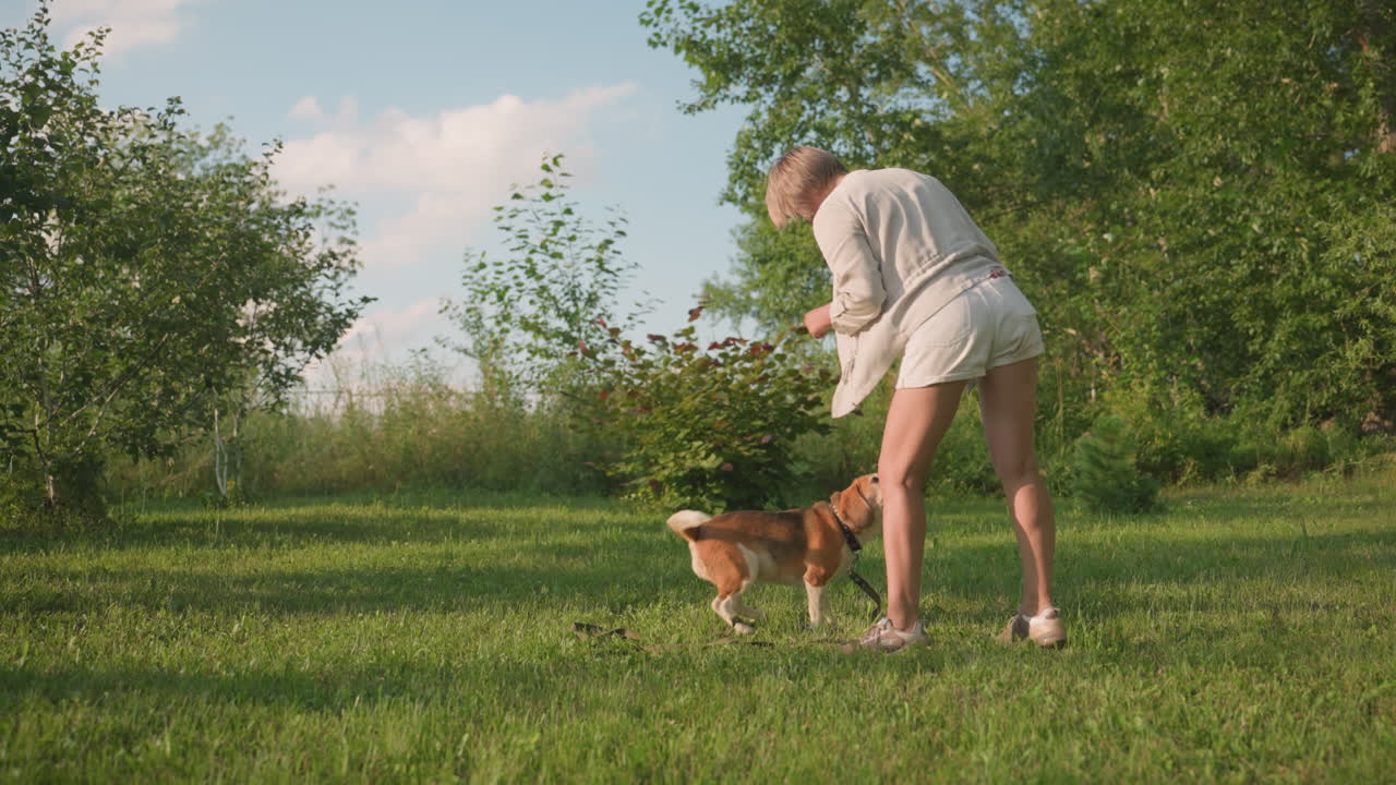 la dueña del perro bailando alegremente con su perro, que salta emocionado hacia ella mientras ella le ofrece un regalo, sucediendo en un exuberante jardín verde bajo un clima soleado rodeado de árboles