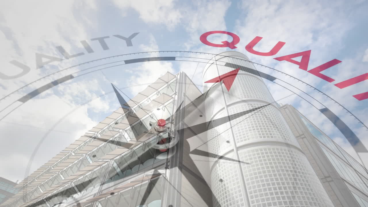 도시 위의 품질 텍스트와 함께 나침반의 애니메이션