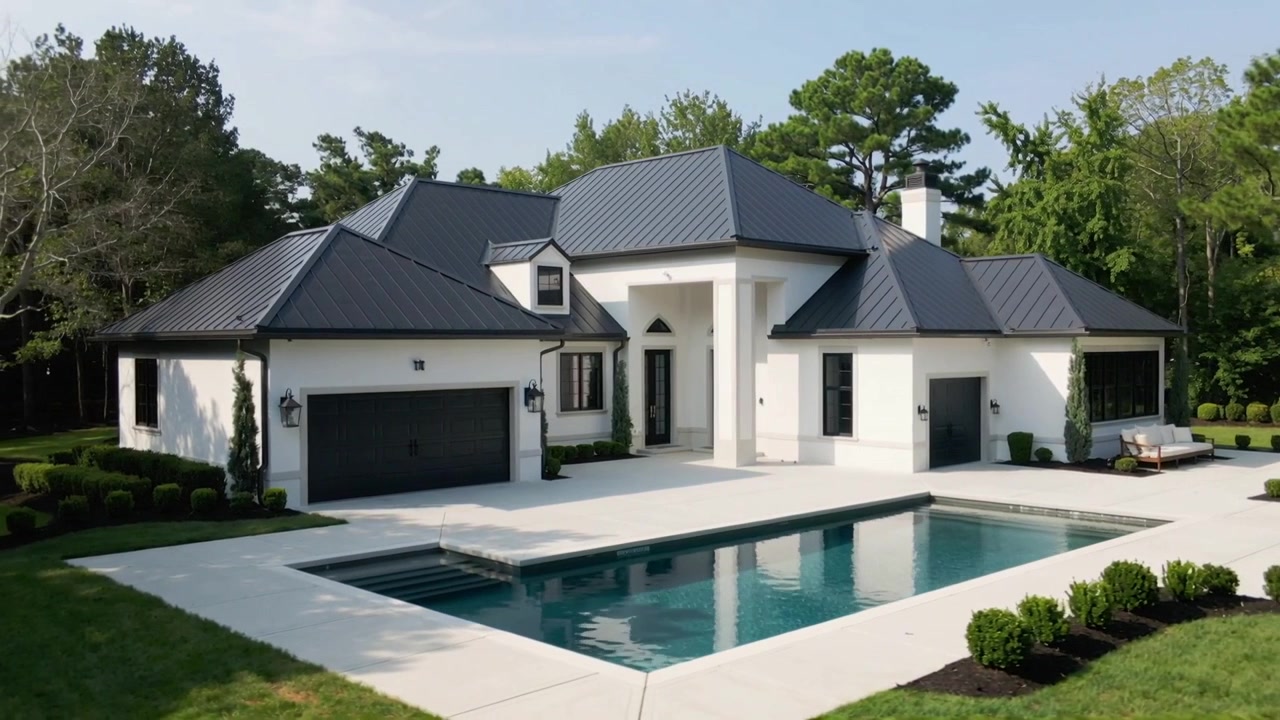 Starting camera panning revealing white stucco house and pool in suburban yard, showing landscaping
