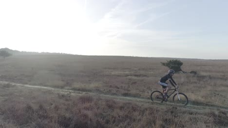 siguiendo la toma de un dron de un ciclista de montaña pasando por la naturaleza