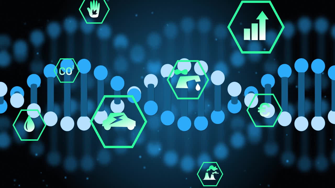 dna 스트랜드 및 환경 아이콘 어두운 배경의 애니메이션