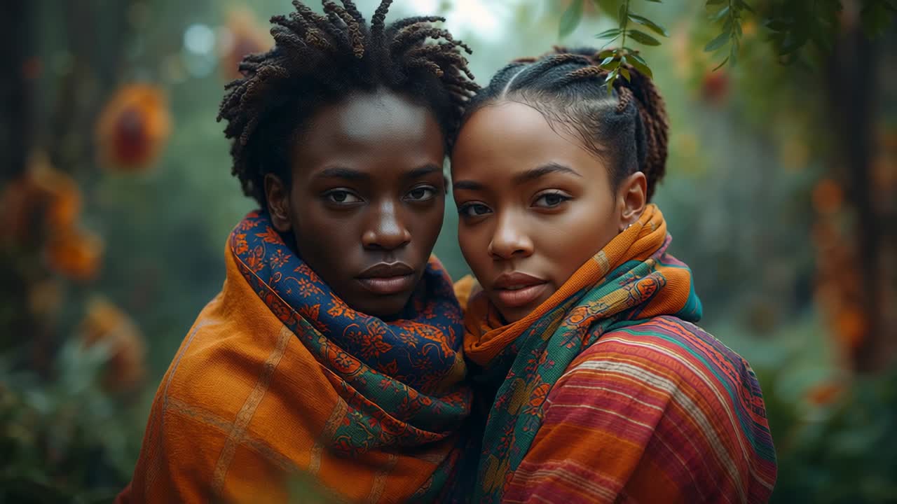 Leaning two adult Black women sharing gaze in garden, with patterned shawls and orange blossoms