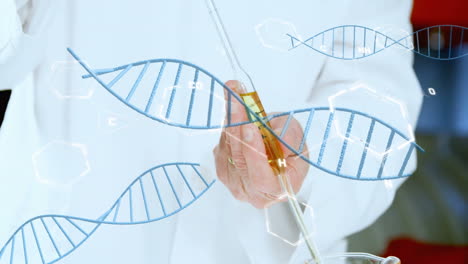 animation of dna strands and scientific data processing over male caucasian scientist in laboratory