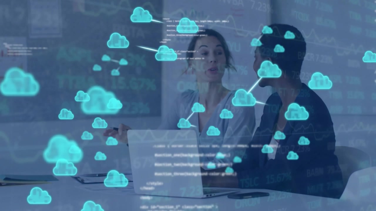 Animation of clouds and digital data processing over diverse businesswomen