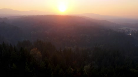 Impresionante-Toma-De-Drones-Del-Sol-Naciente-Sobre-Los-árboles-Verdes-Del-Bosque-En-Snoqualmie,-Estado-De-Washington,-Estados-Unidos-Al-Amanecer.