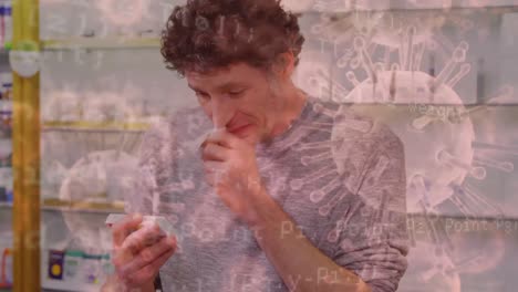 hombre soplando la nariz y covid-19 extendiéndose en el fondo