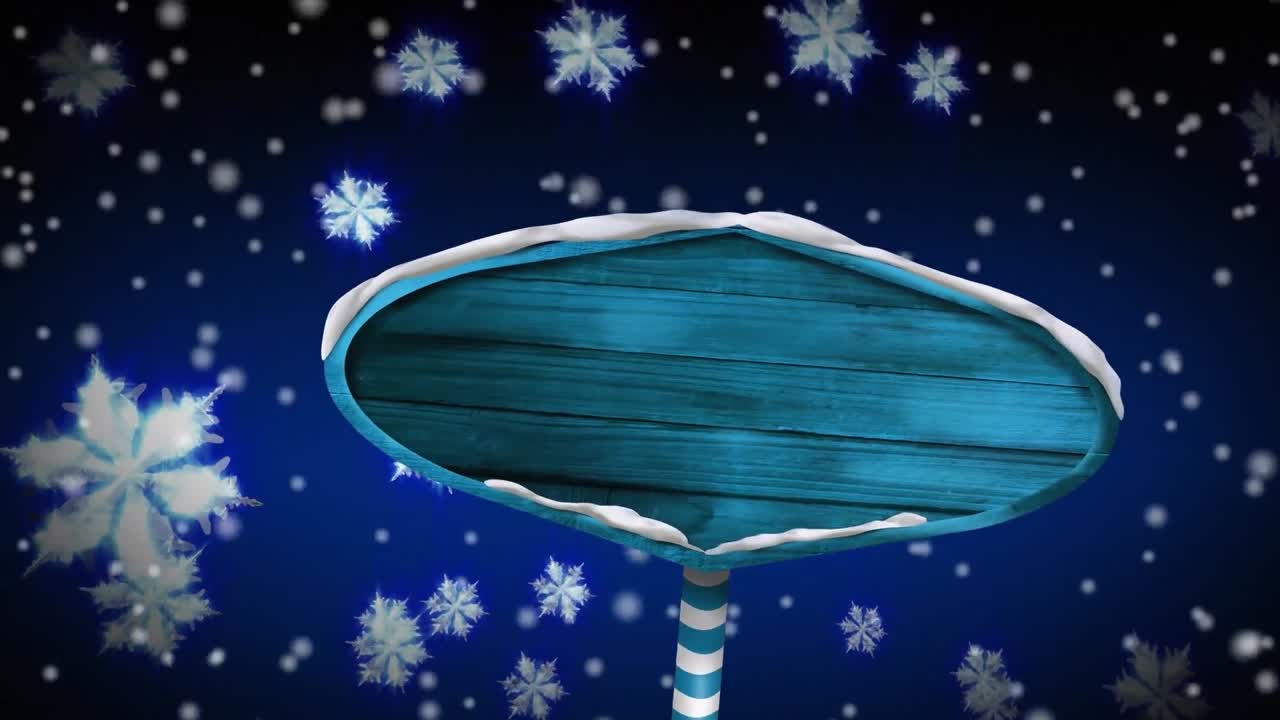 겨울 풍경에서 복사 스페이서와 함께 빈 나무 표지판의 애니메이션