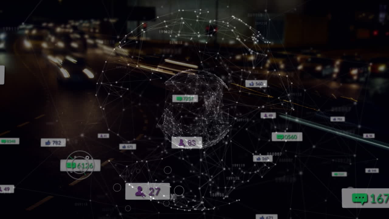 Animation of network of connections with social media icons over night cityscape