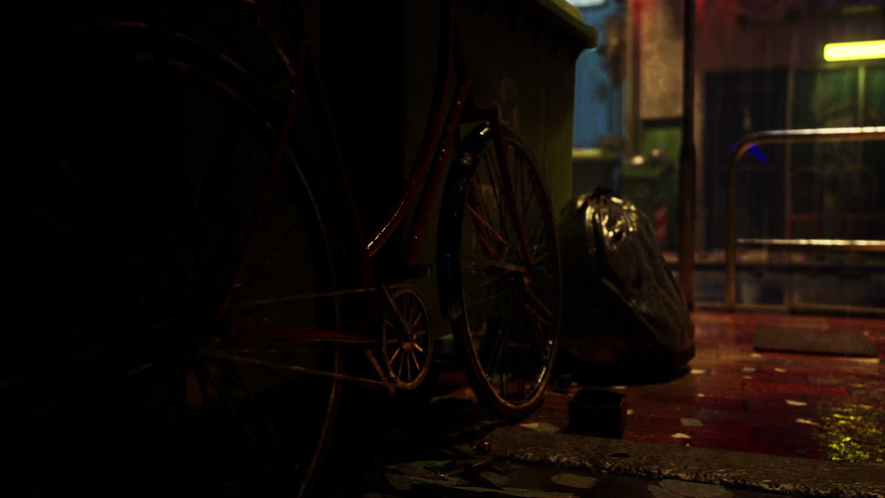 은 자전거가 어두운 골목에 있는 쓰레기통에 기대어 있다