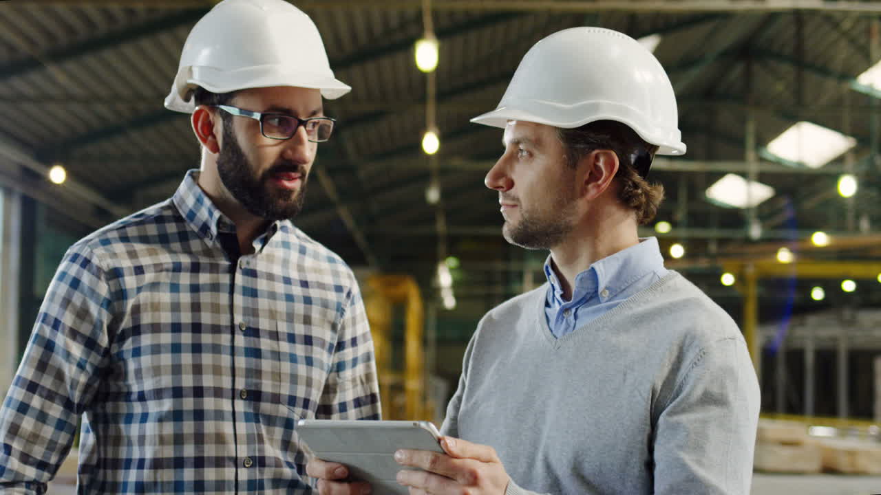 Two Caucasian men wearing helmets talking and looking at the tablet screen in a factory, then looking at the camera and smiling