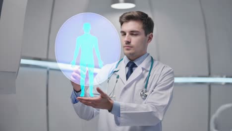 Doctor Interacting with Holographic Human Body in a Modern Medical Setting