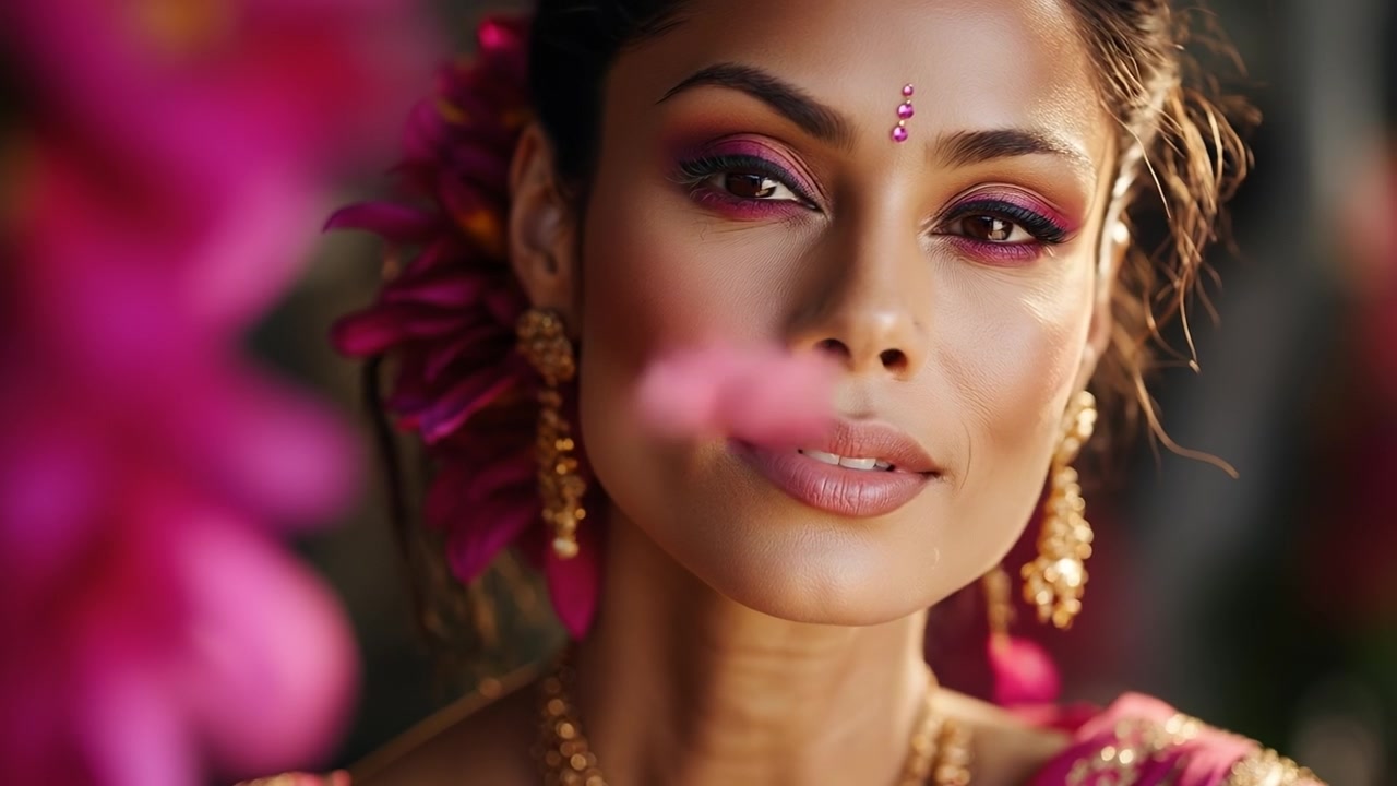Nahaufnahme-Porträt einer schönen Frau mit elegantem Make-up und traditionellem Schmuck, die ihre Augen öffnet.