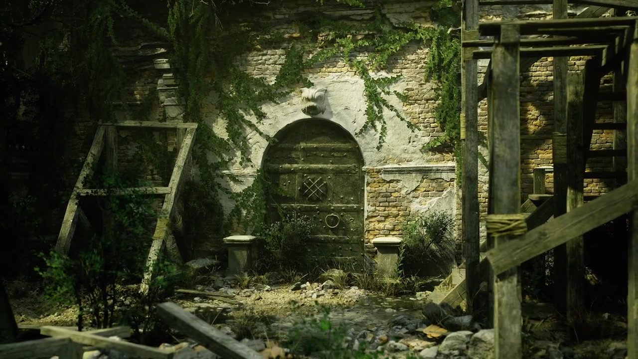 Luz dourada através da folhagem; cena tranquila de exploração urbana ao anoitecer.