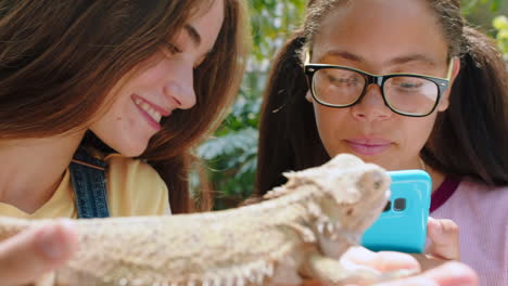 feliz, teléfono y amigos del zoológico con lagarto para la diversión